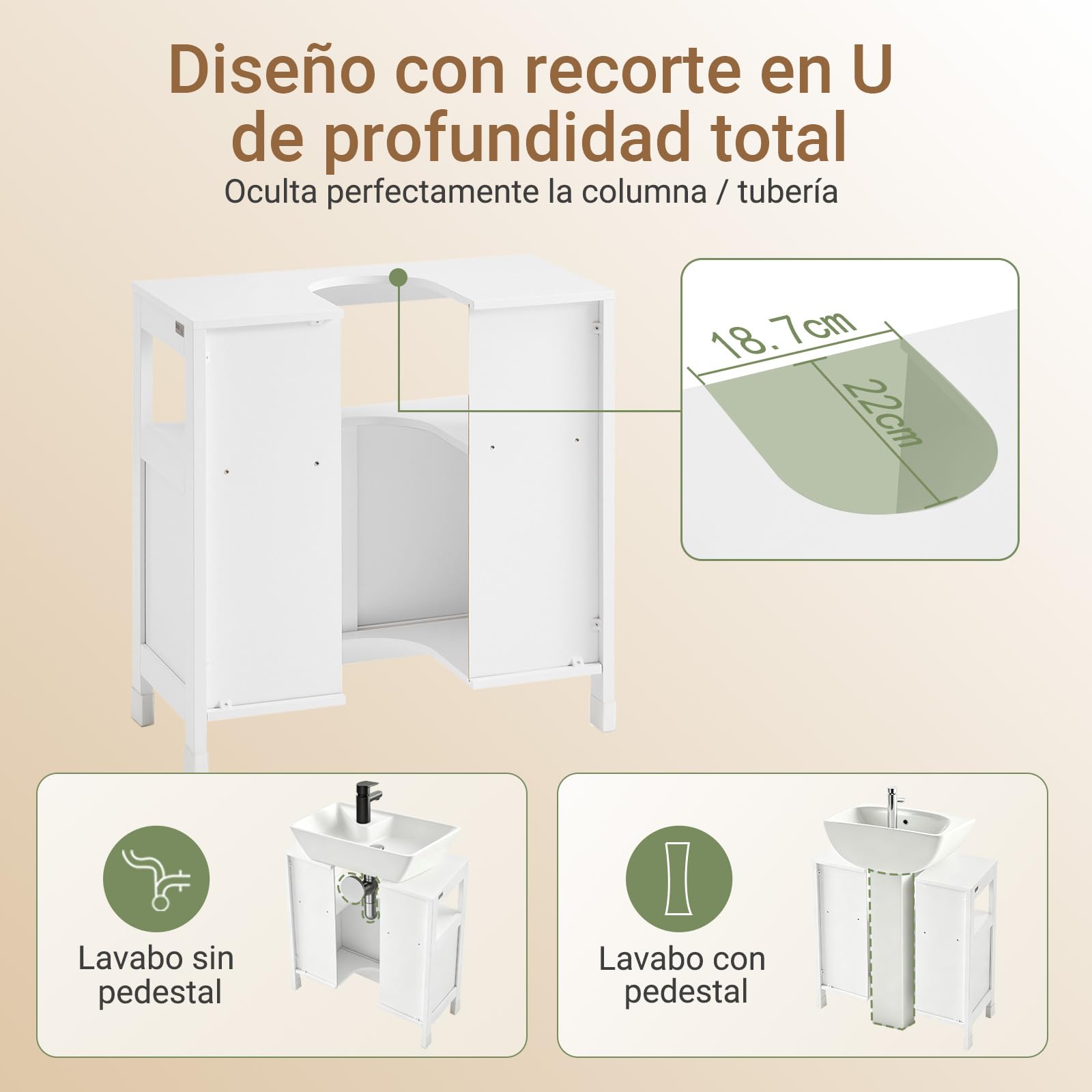 SoBuy Mueble bajo Lavabo con Puertas Correderas y Alfombrillas Impermeables -Mueble Baño, Muebles auxiliares de Baño Blanco, 60x30x60cm, FRG128-II-W