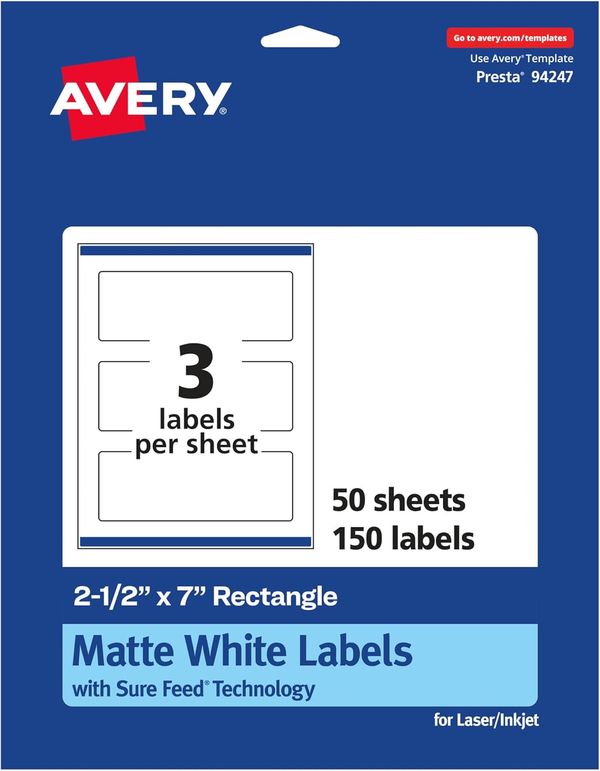 Avery Matte White Rectangle Labels, Sure Feed Technology, 2.5" x 7", 150 Matte White Printable Labels