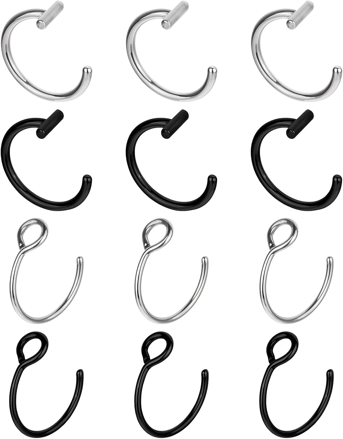 Psyqtsuary Fake Lip Ring, 12 Pcs Stainless Steel Fake Lip Piercing 8mm Faux Nose Rings Clip On Nose Ring Ear Cuffs Non Piercing Jewelry for Women Men (Silver, Black)