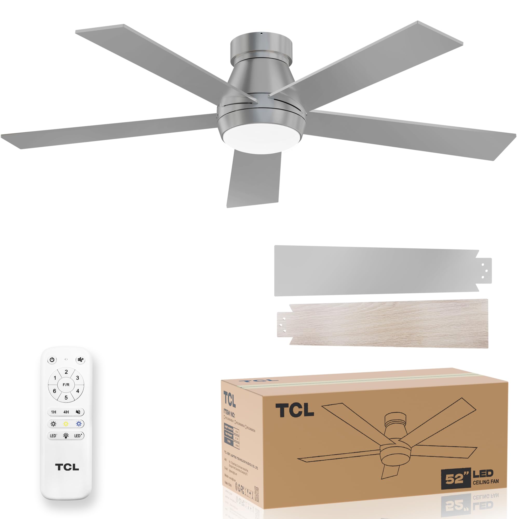 TCL 52" Silver Ceiling Fan with Light and Remote, Modern LED 3-Color, Quiet Motor for Bedroom, Living Room, Dining Room, Ceiling Fans with Lights (Silver)