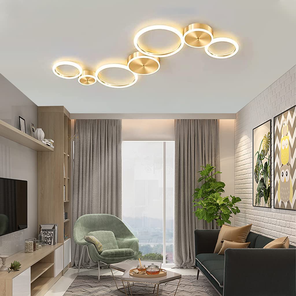 Ceiling Light Living Room LED Metal Lamp Dimmable with Remote Control Golden Ring Ceiling Lighting Modern Children's Room Dining Room Bedroom Lamp Hallway Office Eye Protection Ceiling Lamp,7heads