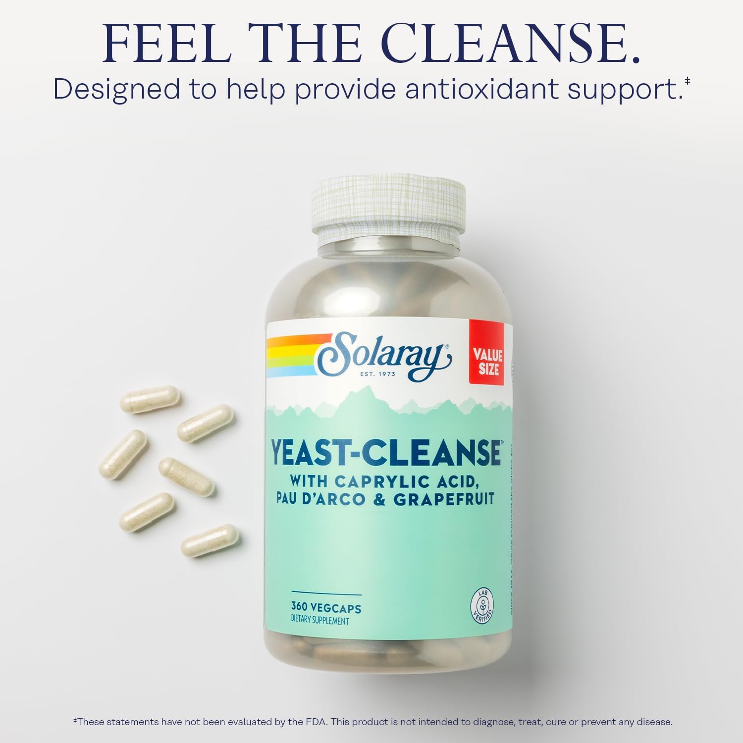 SOLARAY Yeast Cleanse, Antioxidant Support with Caprylic Acid, PAU d'Arco, Licorice Root Extract and Grapefruit Seed Extract, 60-Day Guarantee, 60-Day Guarantee, 60 Servings, 360 VegCaps - Image 3