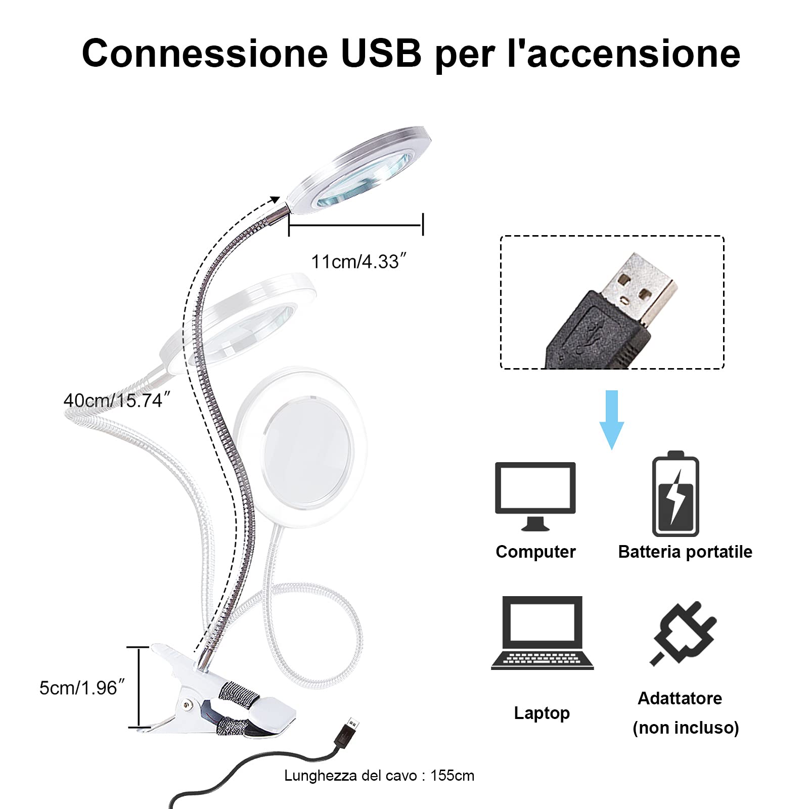 Lampada con Lente Ingrandimento, Lampada Estetista da Tavolo Dimmerabile LED USB con Pinza di Cigno Flessibile per Trucco Tattoo Nail Art Bellezza [Classe di efficienza energetica A+]