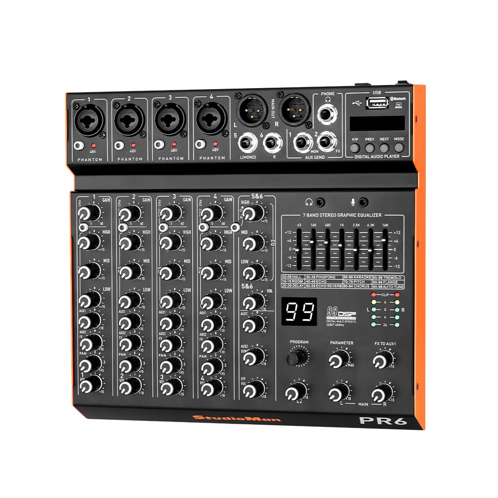 StudioMan PR6 Professional 6-Channel Audio Mixer - 99 DSP Effects