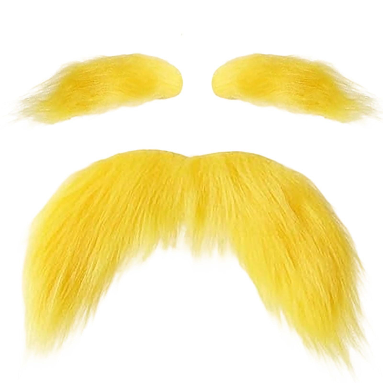 BOGCLEE 3 PCS Fake Yellow Mustache and Eyebrows, Yellow Costume Mustache, Stick on Beard, Stick on Mustaches Funny, Costume Accessories for Halloween Party Favors Cosplay