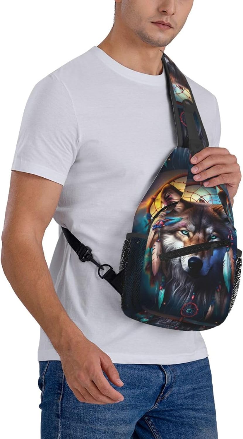 Wolf And Dream Catcher Cross Chest Bag Large Capacity Bag Travel Hiking Crossbody Bag Daypack for Women Men