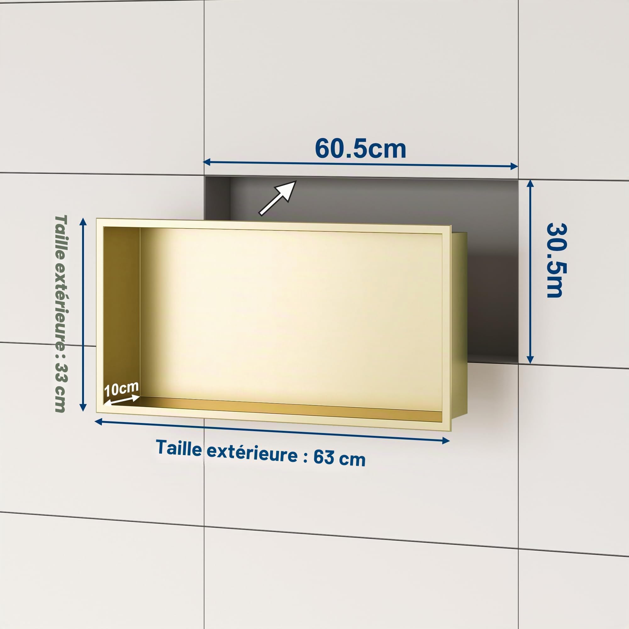 Neodrain Niche murale pour douche 60 x 30 cm en acier inoxydable 304 - Niche de douche dorée - Niche intégrée de stockage pour rénovation de salle de bain