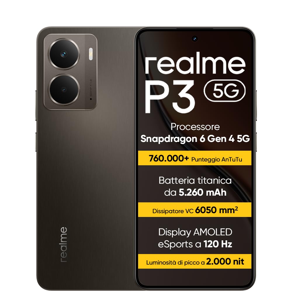 realme P3 5G Smartphone 12+512 GB, Processore Snapdragon 6 Gen 4 5G, Batteria titanica da 5260mAh,Ricarica rapida da 45W, AMOLED da 120 Hz, Luminosità di picco a 2.000 nit, IP69, Grigio rr