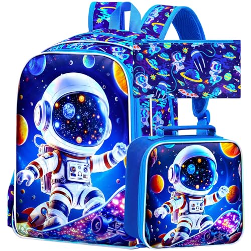 Image of 3Pcs Space Backpack for School, Boys Astronaut Bookbag with Lunch Box, 16 inch Kids Backpacks for Elementary Preschool Kindergarten (Blue)