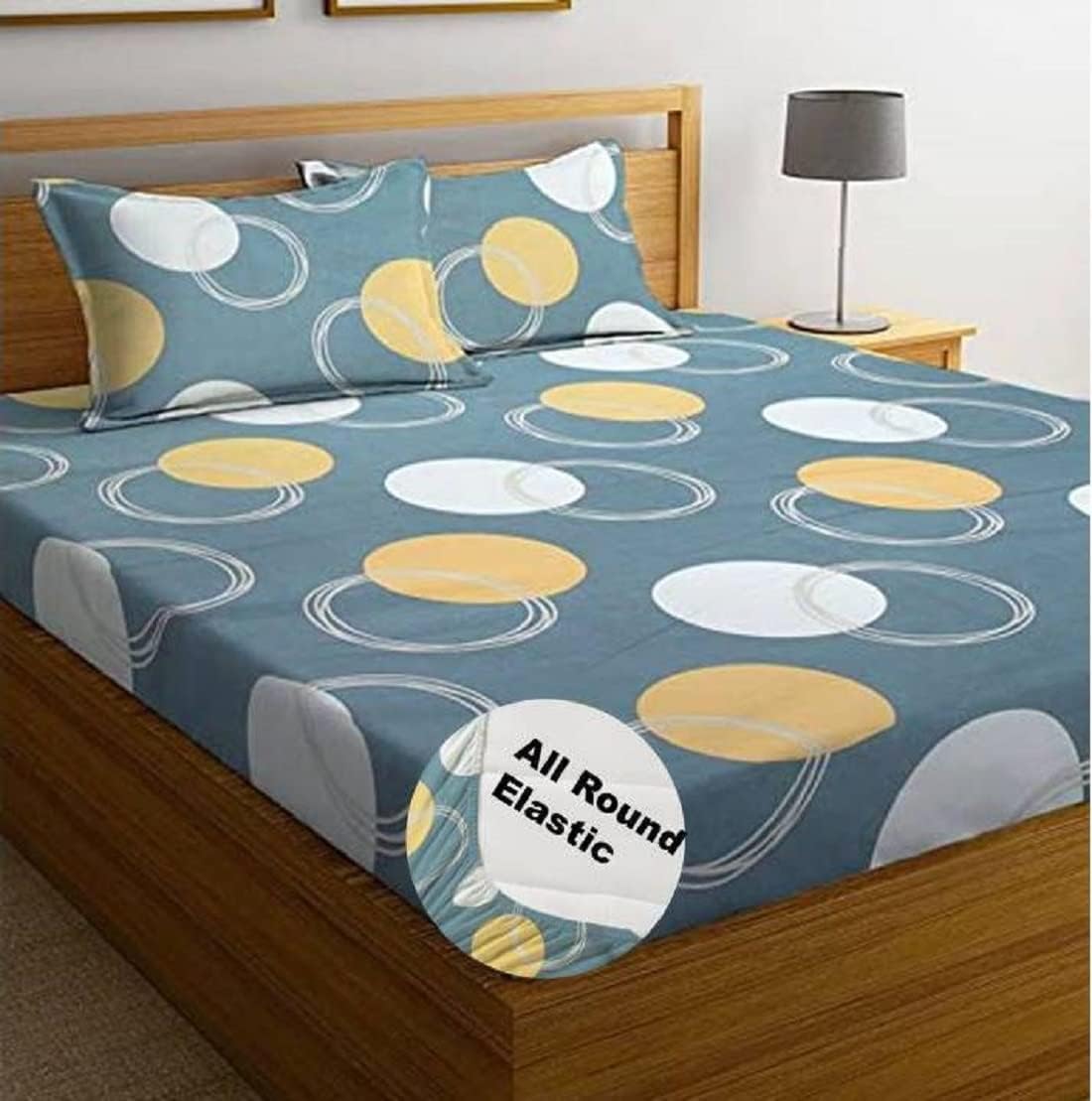 BSB HOME Premium Cotton Elastic Fitted Bedsheets with 2 King Size Pillow Covers | Double Bed with All Around Elastic 180 TC Supersoft | Size - 72 King Sizex78+10 inches | Grey and Light Blue
