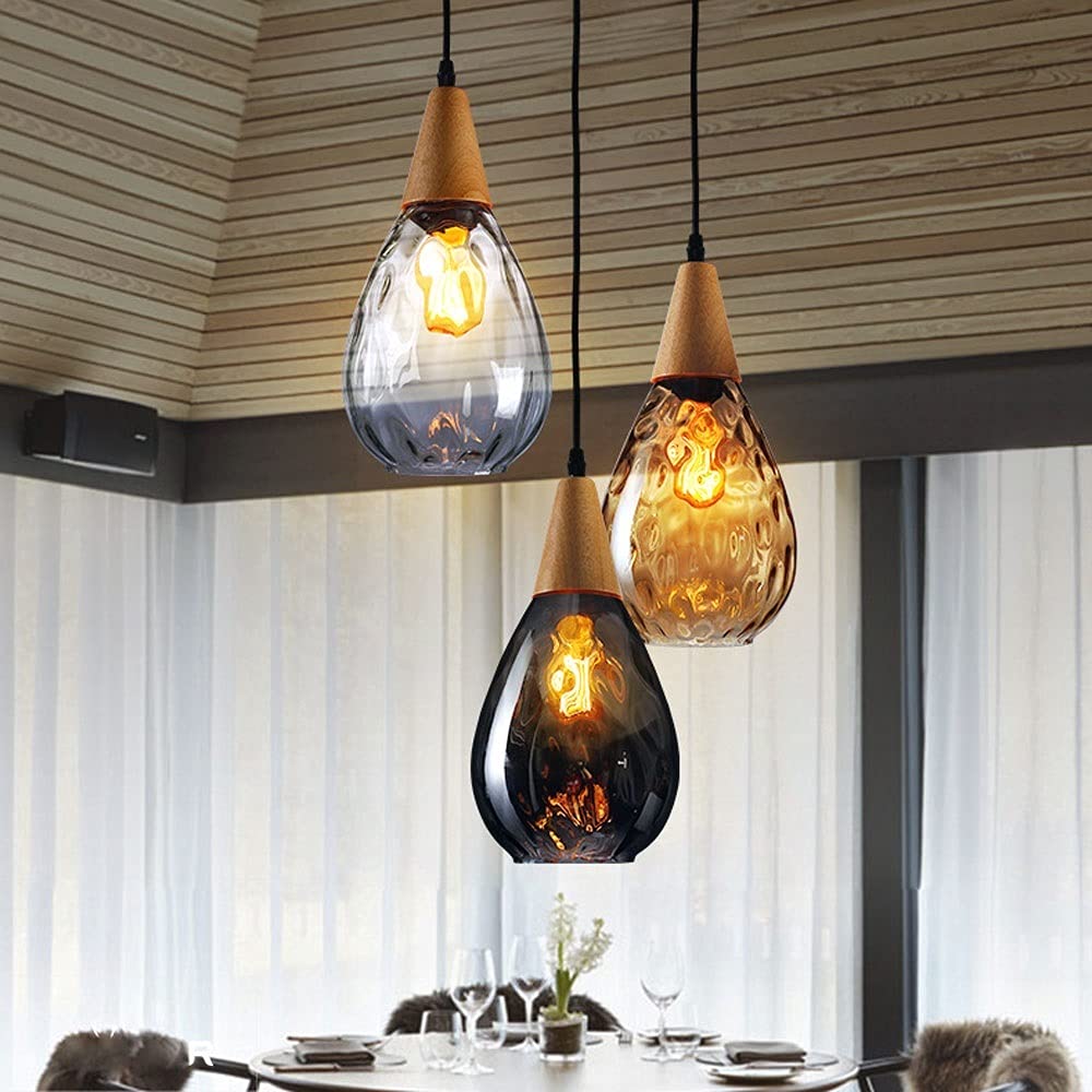 Lampada A Sospensione In Vetro Martellato, Lampada A Sospensione A Soffitto In Legno Per Sala Da Pranzo, Lampade A Sospensione Moderne Per L'illuminazione Del Comodino Della Camera Da Letto Dell'isola