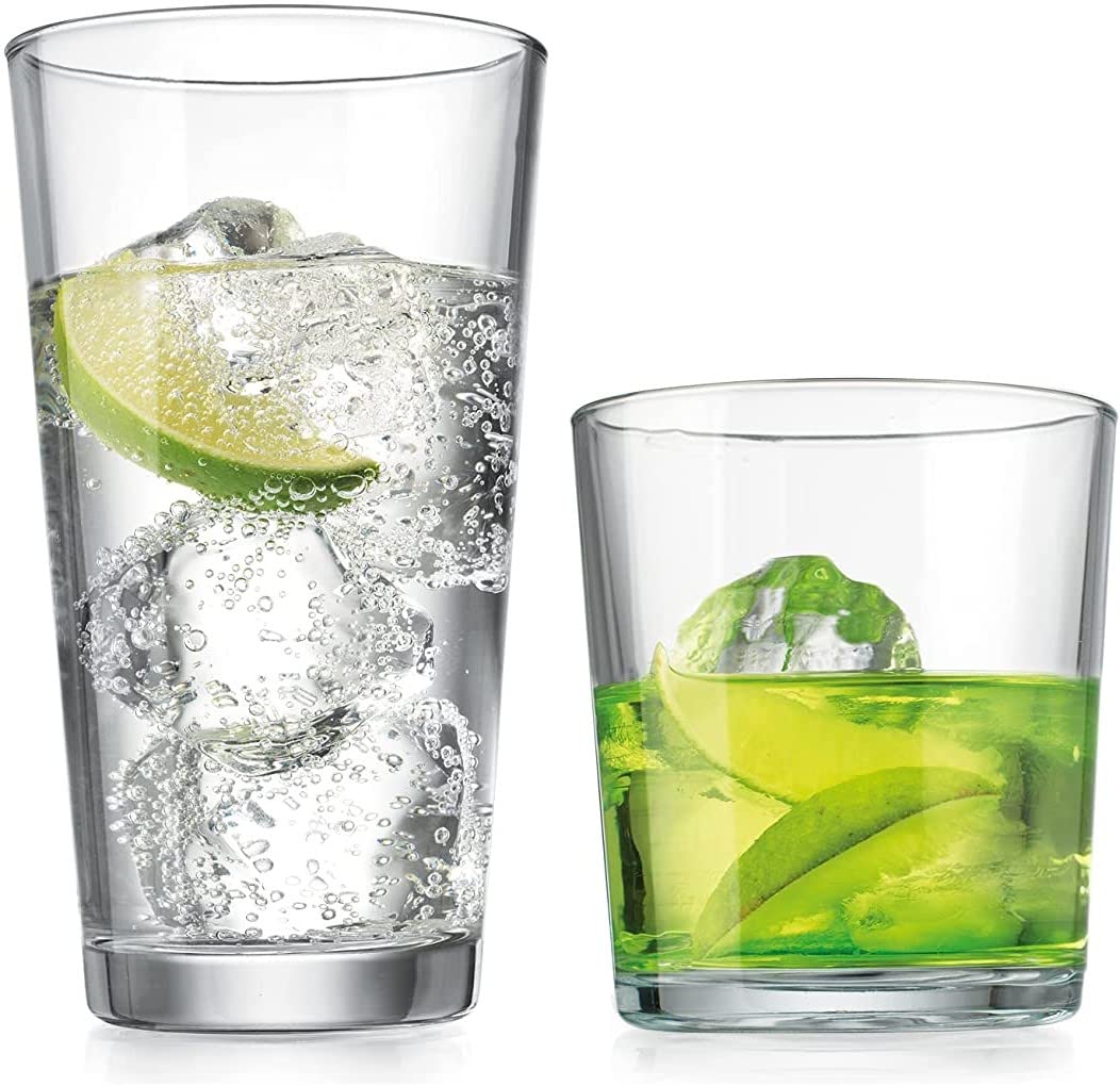 Glaver's 12 Pc Drinking Glassware Set. 6 Highball Glasses and 6 DOF Whiskey Glasses. 17 oz Tall Kitchen Glass Cups, and 13 Oz Rocks Glasses Classic Drinkware