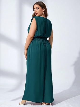 RED DOT BOUTIQUE 708 - Plus Size Round Neck Tank Shoulder Padded Sleeveless Wide Leg Pants Jumpsuit With Pockets