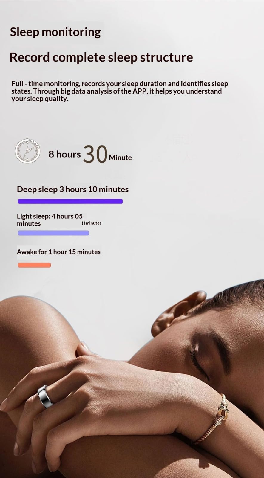 La custodia di ricarica dedicata allo smart ring è impermeabile IP68 e include monitoraggio del sonno, frequenza cardiaca, pressione sanguigna e monitoraggio dell'ossigeno nel sangue, un contapassi e