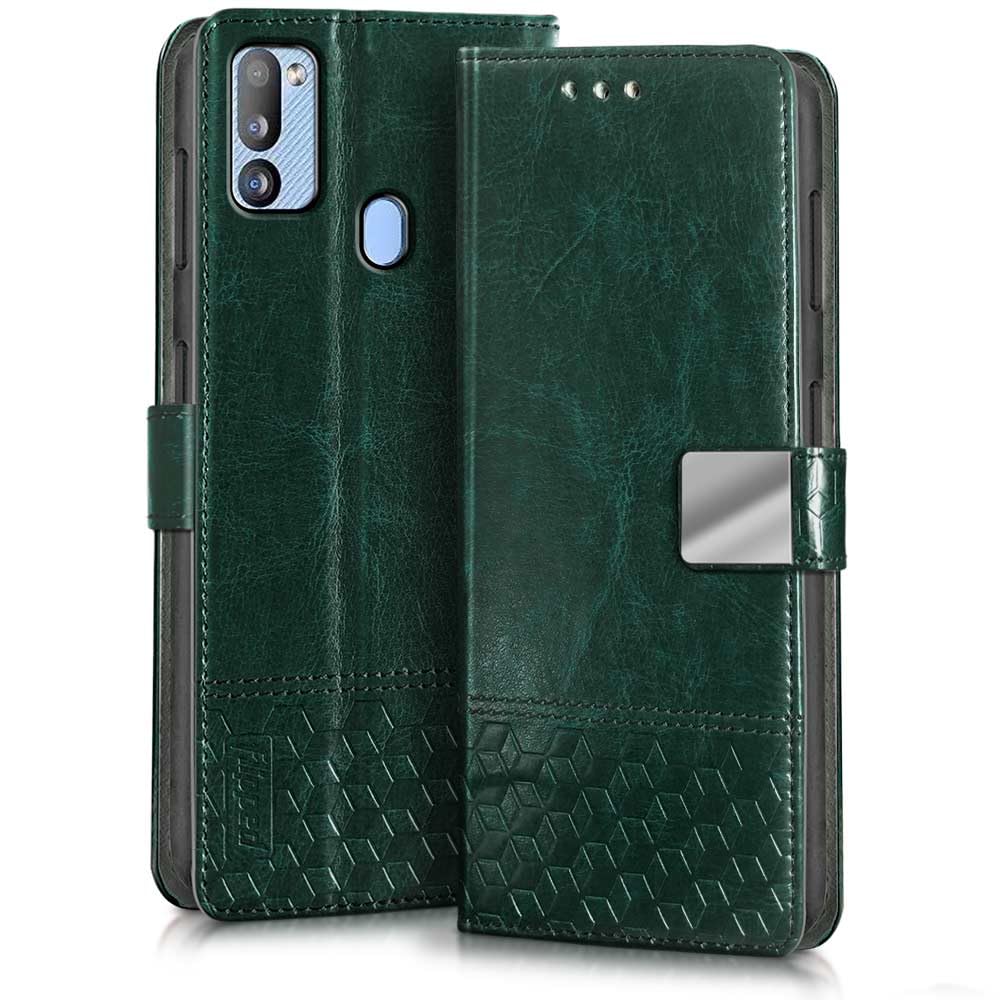 FLIPPED Hand Stitched Honeycomb Dual Design Back Flip Cover Case for Samsung Galaxy M30s | M21 (Shock Proof | Leather Finish | Wallet Case Card Holders & Stand) - Tanned Green (B0CHS2TCHS) Amazon Price History, Amazon Price Tracker