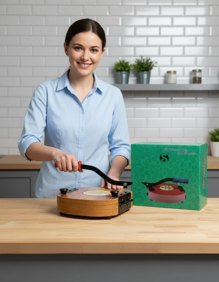 Wooden Manual Heavy Round Wooden Board Papad-Puri-khakhra Press Maker Plywood Machine with Iron Handle Roti Maker Press Machine with Handle for Kitchen Home