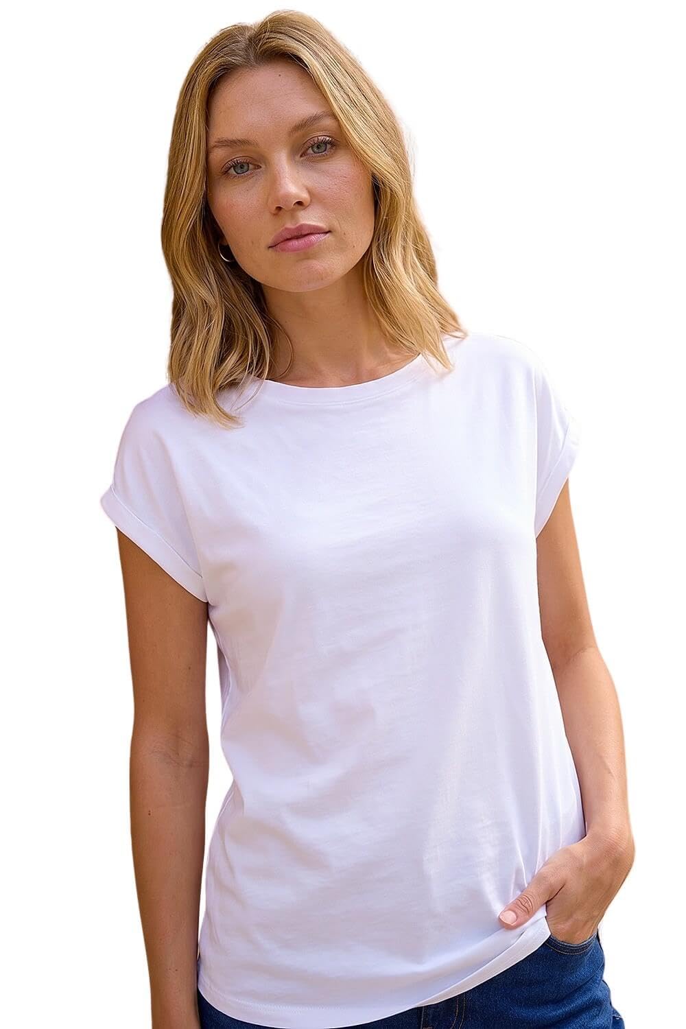 Roman Plain Stretch Cotton Jersey T-Shirt for Women UK Ladies Spring Everyday Summer Holiday Round Neckline Comfy Short Sleeve Soft Woven Fabric Tee Daywear Vacation - White - Size 20