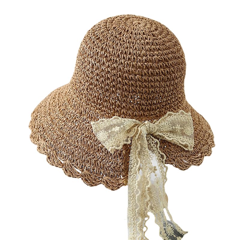 Gorra de Sol para Mujer,Gorra de Paja de Verano con Lazo de Encaje,Ajustable,Plegable,de ala Ancha,Flexible,Ahuecada,para Playa,para Caminar,Pescar y Viajar