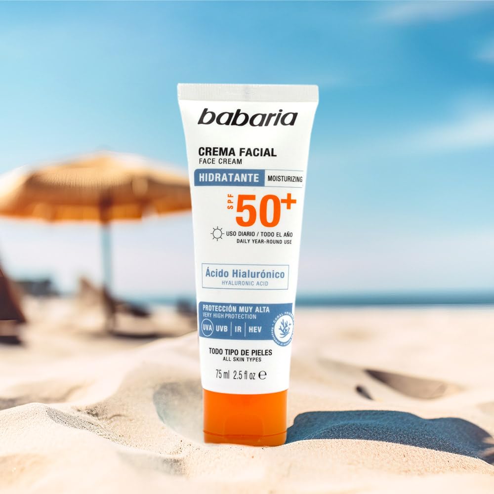 Babaria Crema Solar Facial SPF50+ con Ácido Hialurónico 75 ml – Hidratante, Antiarrugas y Antimanchas | Protector Solar 50 Facial UVA UVB e Infrarrojos