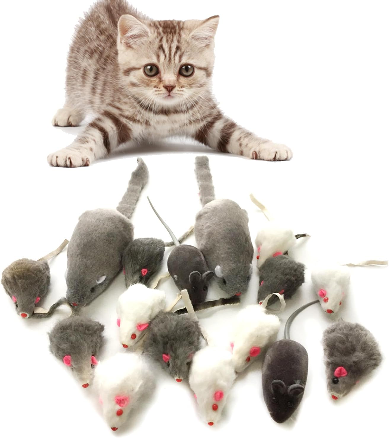 QUOZUO Cat Mouse Toys Rattle Furry Pet Toys with Rattles for Kitten 16pcs, Black and White