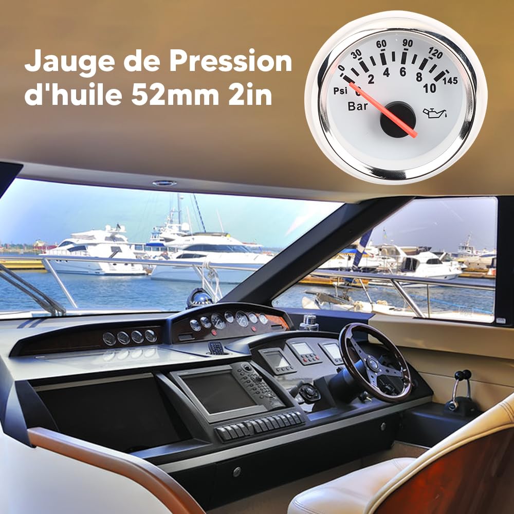 Jauge de Pression d'huile 52mm 2in Pointeur de Moteur Voiture Auto Kit de Jauge Pression d'huile Presse Indicateur Lumineux LED Universel Bar pour Auto Moto Bateau Camion 12V/24V(Blanc)