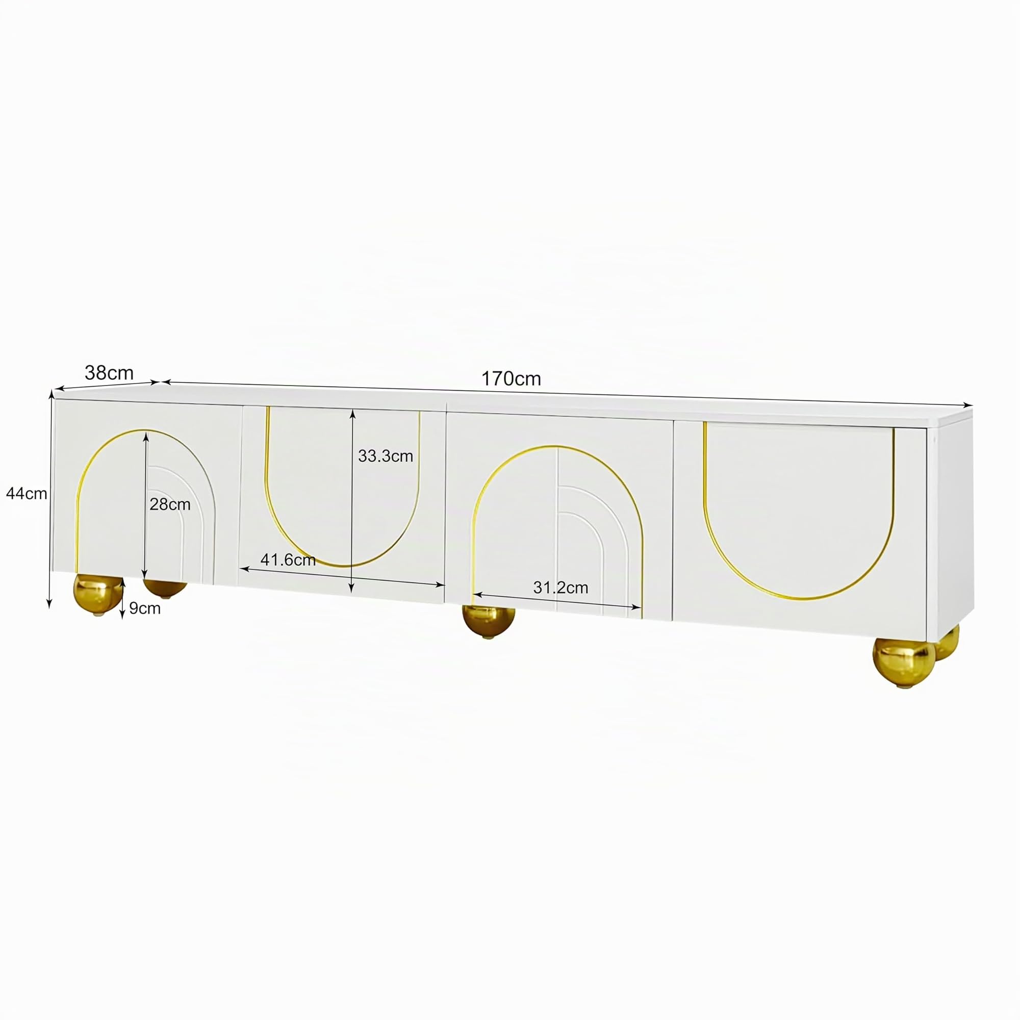 Mobile TV lowboard con ante strutturate, decorazioni dorate, gambe rotonde dorate, ripiani inclusi, push-to-open (bianco e oro, 170 x 38 x 44 cm)