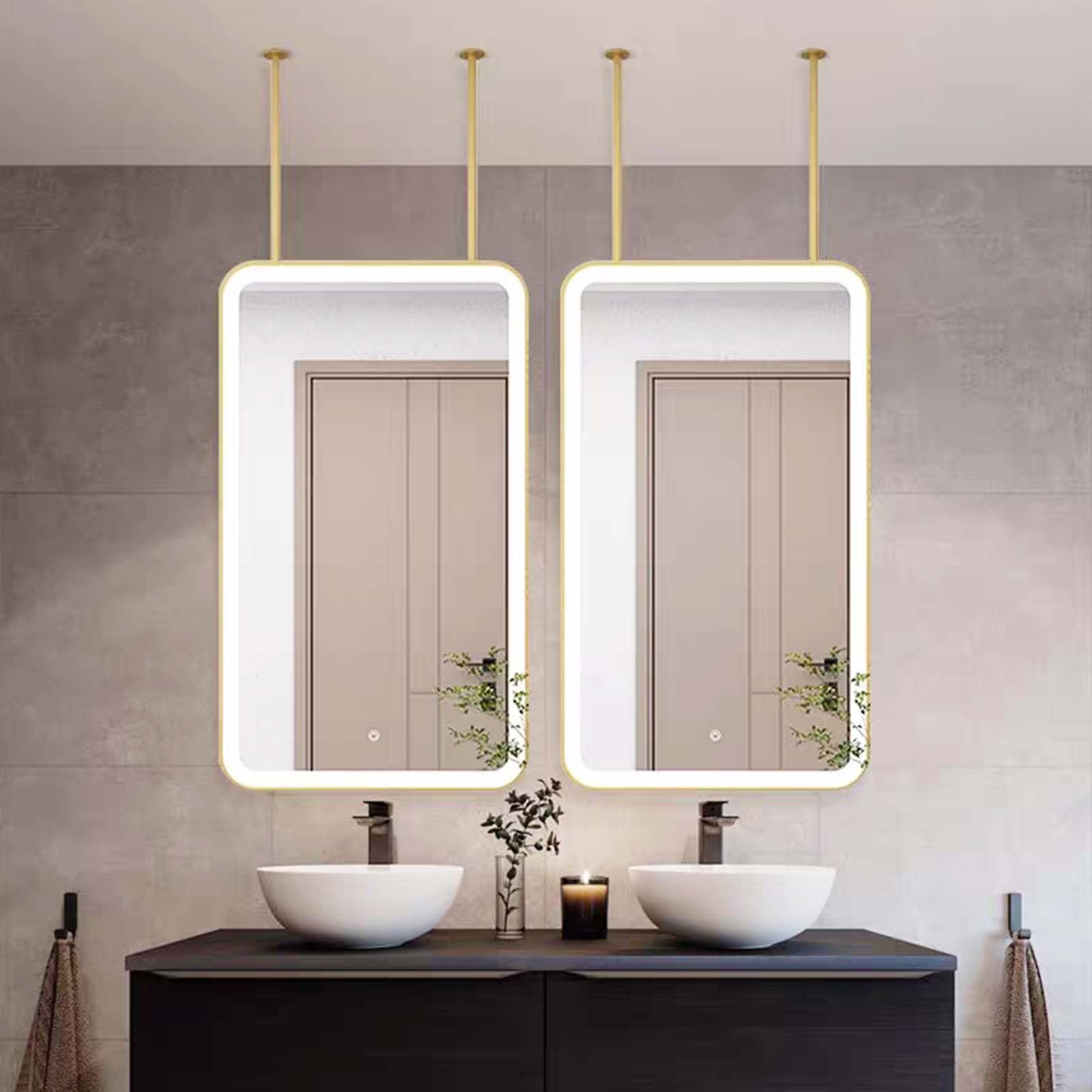 FGXHHS Modern Square LED Mirror Ceiling Mounted Large Touch for Bathroom Gold Dimmable Vanity Makeup Mirrors Washrooms Apartment Home(40cmx60cm)