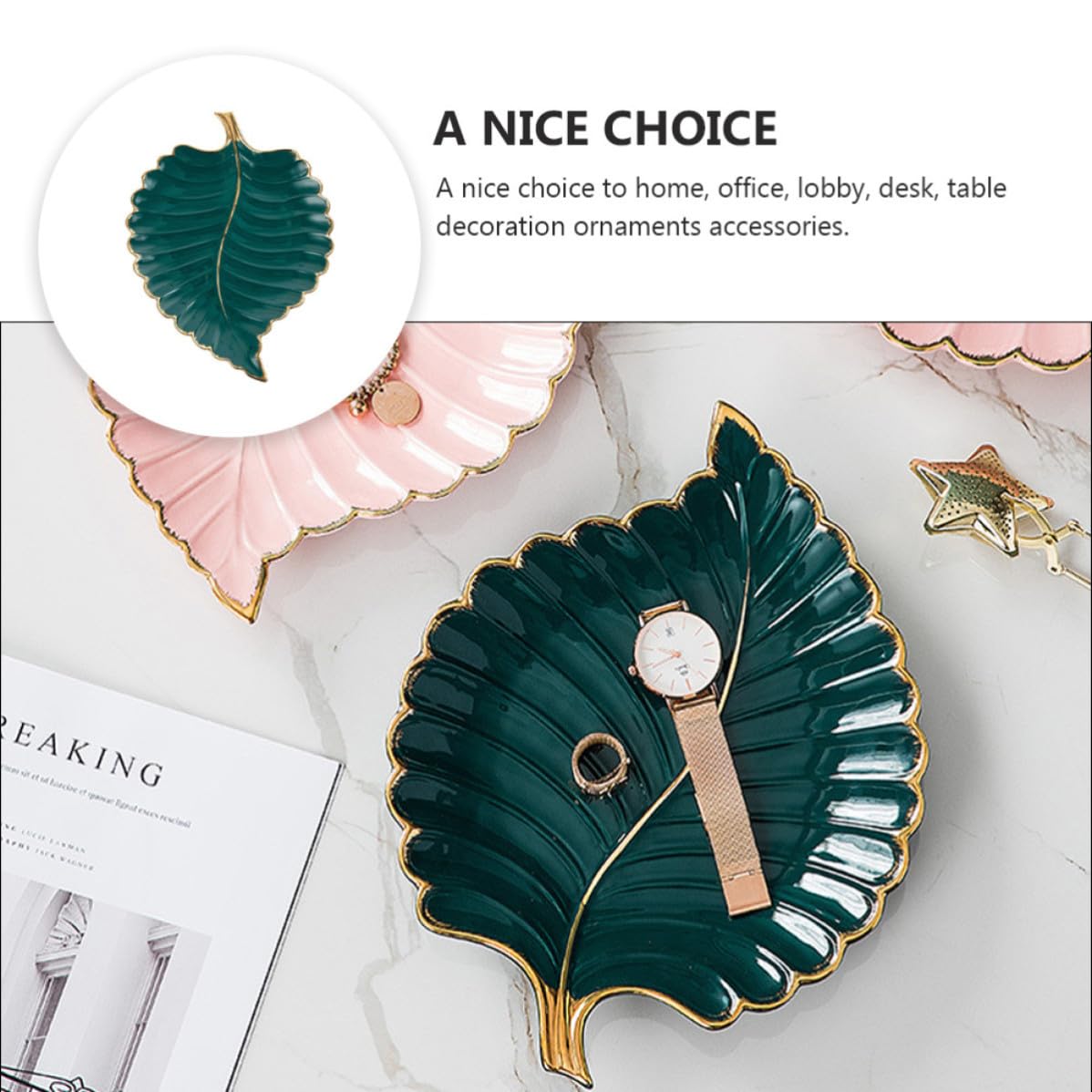 Operitacx Bandeja Decorativa Multifuncional de Cerámica Verde Borde Dorado en Forma de Hoja para Joyas y Postres, Adecuado para Escritorio o Recibidor