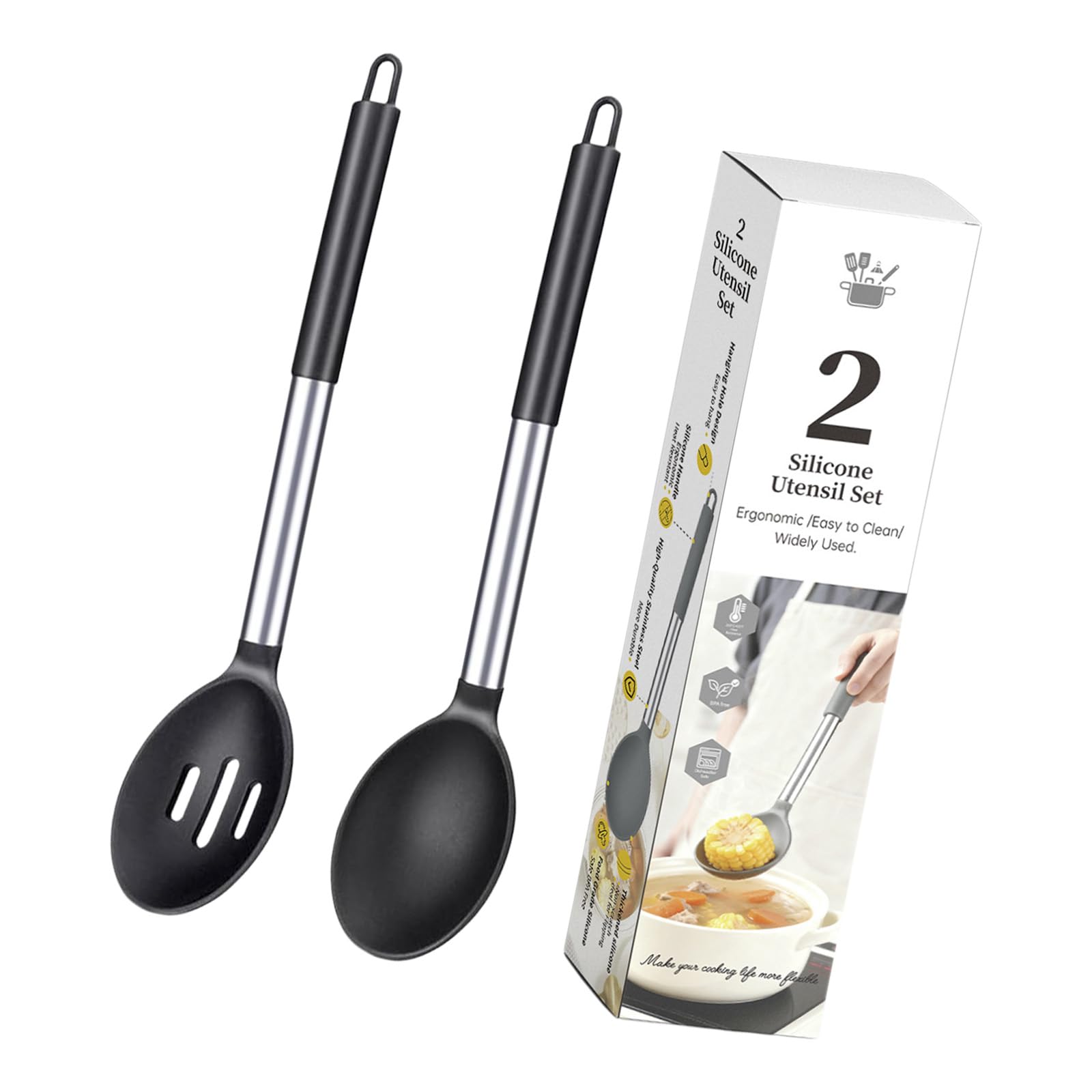 Soup and Stirring Spoon Set Silicone Cooking Utensil Pair with Metal Handles for Kitchen Pots and Daily Meal Prep Kitchen Cooking Spoon Slotted Serving Silicone Utensil Pair Metal Handle Loop Handle