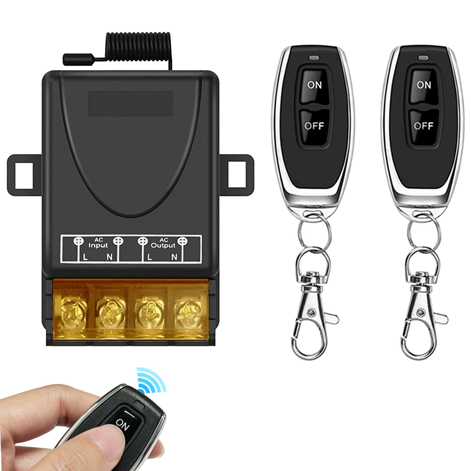 Interruptor de control remoto inalámbrico, CA 110 V-240 V, interruptor de salida de control remoto con 2 controles remotos, receptor RF de largo alcance de 328 pies, no necesita cableado para luces