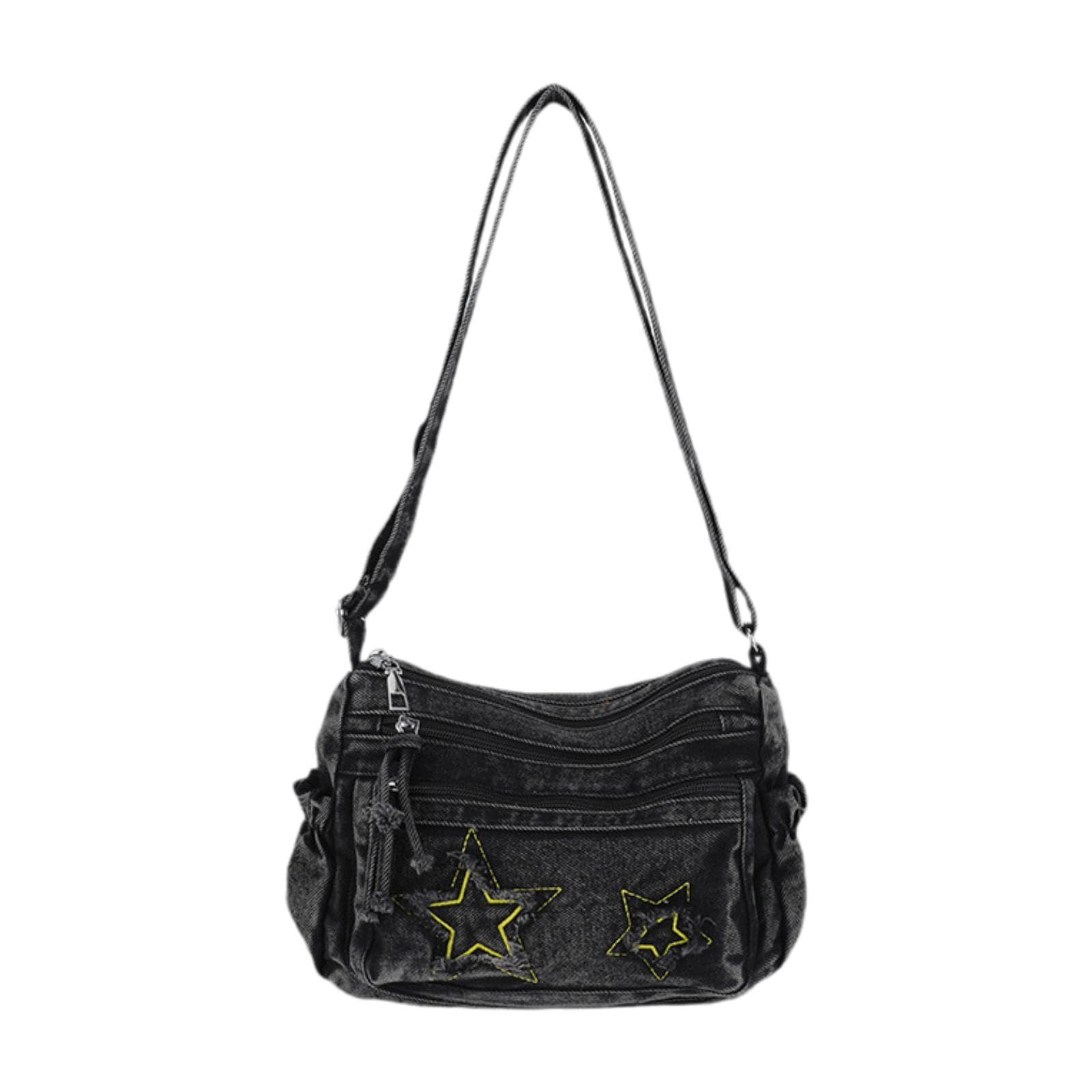 Women Denim Crossbody Bag Trendy Star Shoulder Bag for Camping Travel Hiking Black-image-8