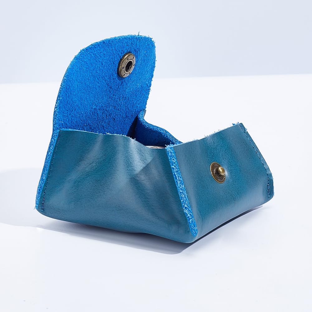 Rustic Genuine Leather Coin Purse Snap Closure Squeeze Pouch Retro Handmade Cowhide Leather Change Holder Wallet for Men Women Coins Jewelry Earphones Money Organizer(Dark Blue) - Image 7
