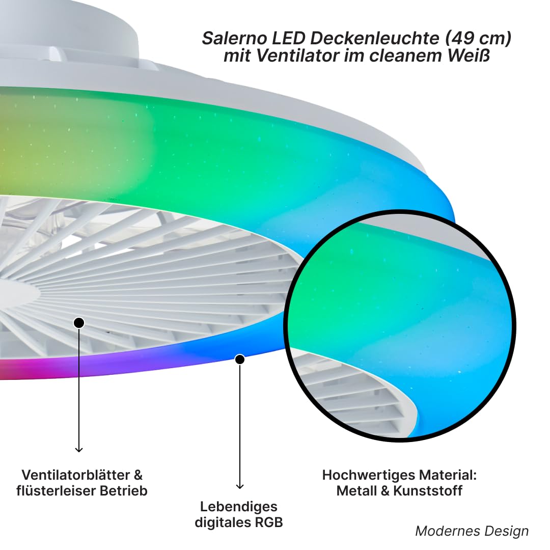 Brilliant LED Deckenleuchte mit Ventilator, 49 cm Ø – RGB Frontlicht & CCT Zentralbeleuchtung, inkl. Fernbedienung, dimmbar & Farbwechsel