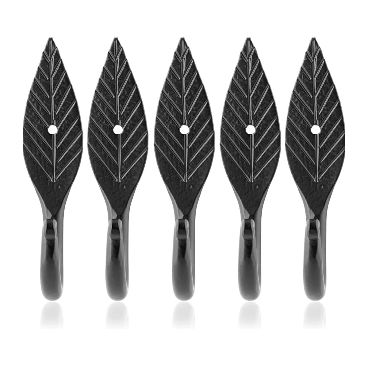 Fayesia Black Hooks - Smith Handcrafted Decorative Wall Mounted Coat Hooks For Hanging Coats, Towels, Bags, Keys And More - Screws Included - Set Of 5 (Leaf)