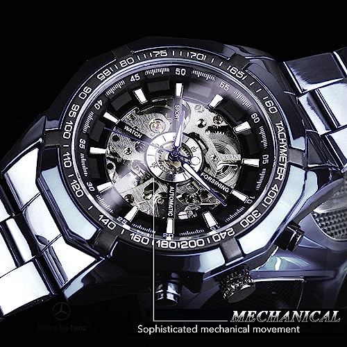 Image of FORSINING Men's Watch Self-wind Skeleton Hollow Out Mechanical Automatic Luxury Watches, Blue Black Stainless Steel Band Waterproof Wristwatch