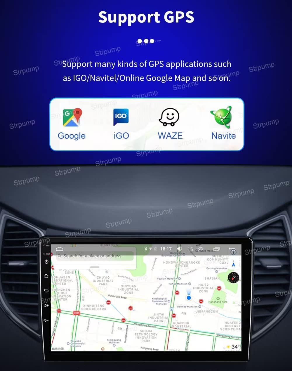 Car stereo screen showing various GPS applications like Google Maps, iGO, Waze, and Navitel