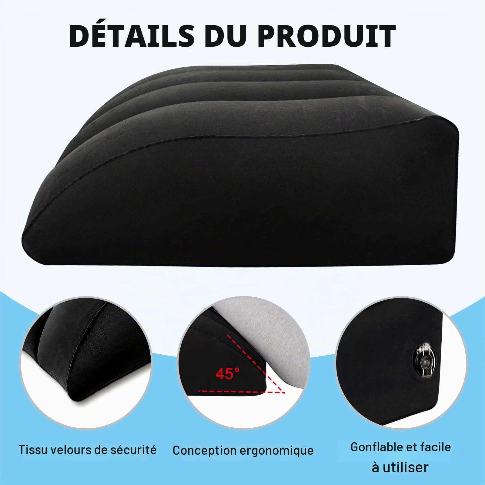 Coussin veineux, gonflable, 65 x 50 x 25 cm, coussin de positionnement pour adultes, pour la circulation sanguine et la réduction des gonflements et du soulagement des jambes, noir