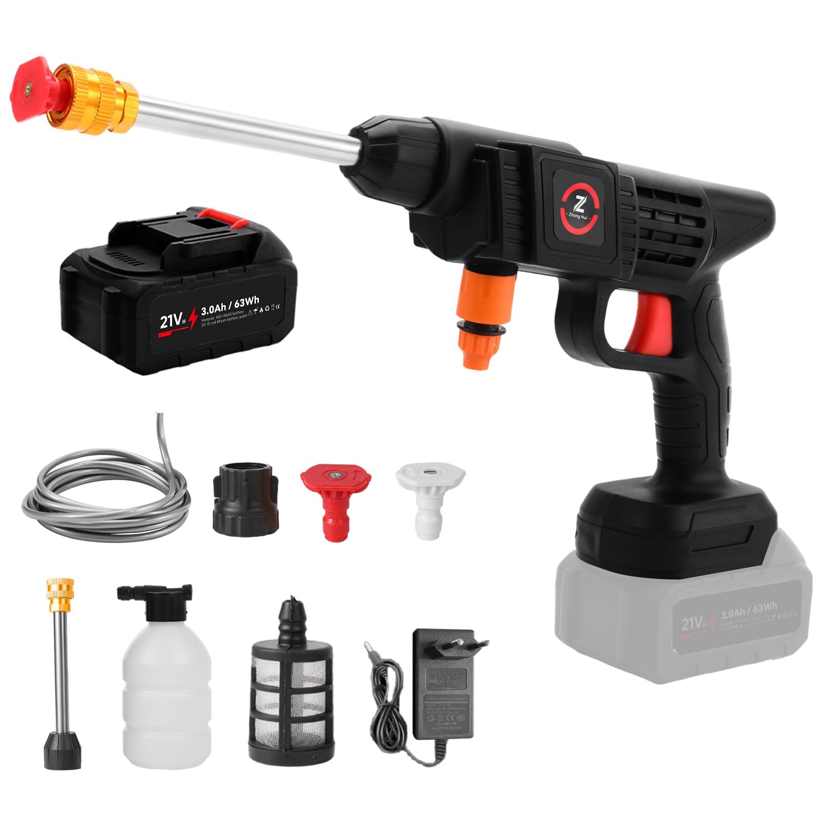 Nettoyeur Haute Pression Sans Fil 21V - 60 Bar - 2 Batteries 1500mAh - Tuyau 5m - Pour Voiture, Terrasse - 2