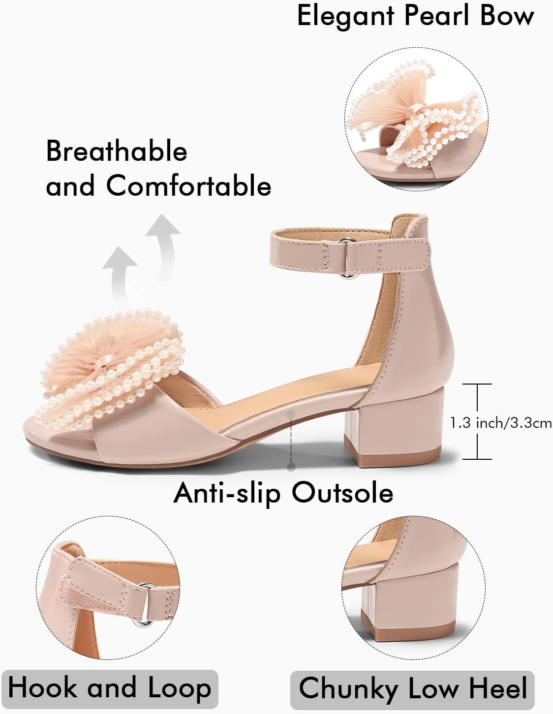 Coutgo Girls Dress Shoes Sandals Bow Pearl Open Toe Low Chunky Heels Ankle Strap Flower Girl Wedding Party Shoes - Image 7