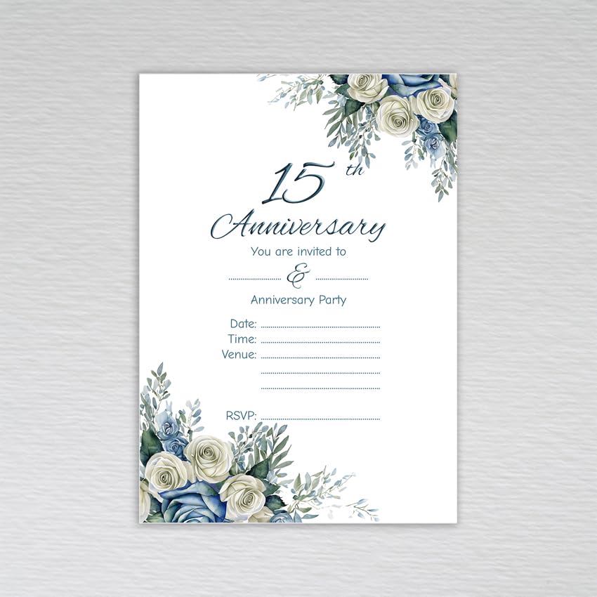 Webspectations Pack of 15th Wedding Anniversary Invitations: Dusty Blue Rose 15th Anniversary Invites (Pack of 50 without Envelopes)