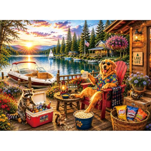 300 Piece Jigsaw Puzzle for Kids & Adults – Lake Life Scene with Golden Retriever, Boat, Cabin, Sunset Lake View & Outdoor Deck, Family Puzzle Gift for Boys Girls Ages 8+, 20.5 x 15 in