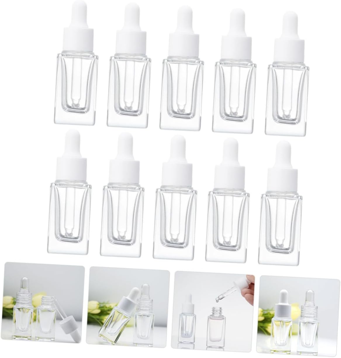 15ml Square Glass Dropper Bottles 10 Pack Refillable Essential Oil Containers Travel Size for Household Use and Outdoor Activities