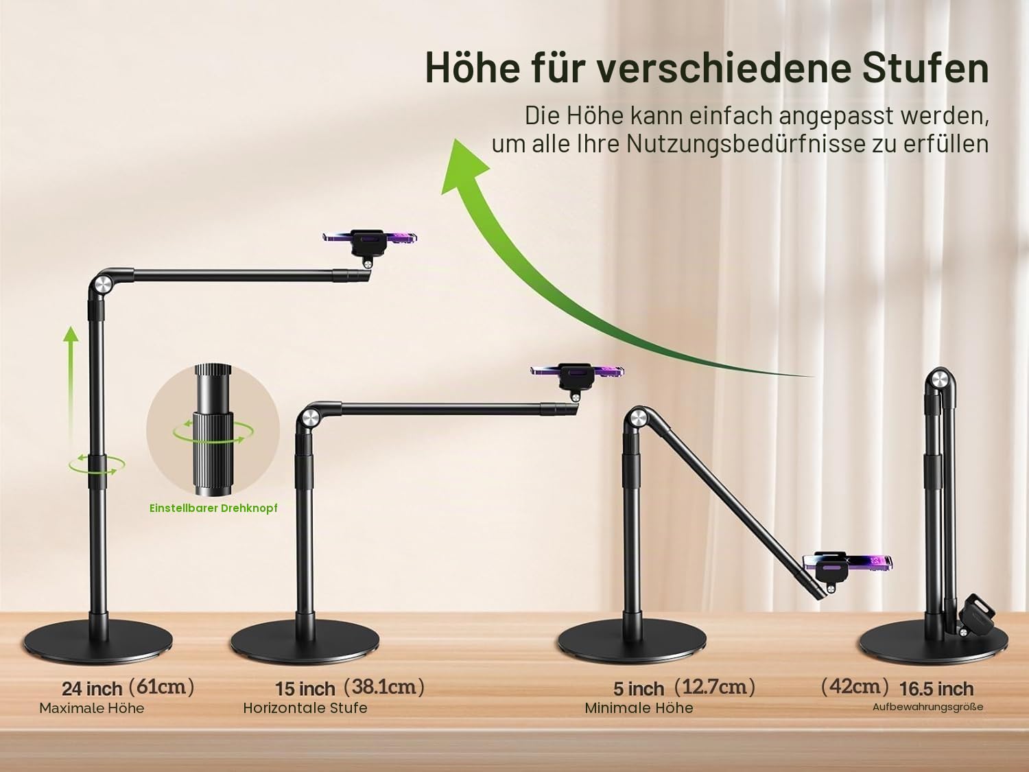 elitehood Handyhalterung Tisch zum Filmen mit Robuste Basis, Höhenverstellbar Overhead Stativ Handy Ständer zum Filmen, 38cm Langer Arm Handyhalterung Schreibtisch für iPhone 15 14 13, Android Handy
