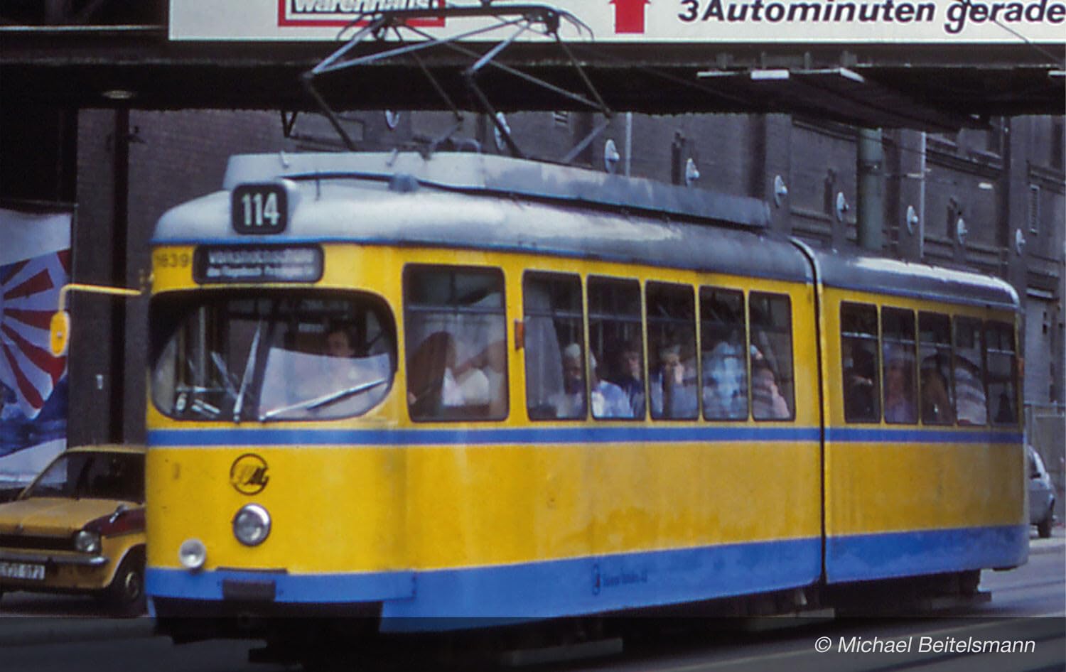 Arnold HN2603D Tram Duewag GT6, one front light, yellow/blue livery "Essen", ep. IV-V, with DCC decoder Loco - Electric