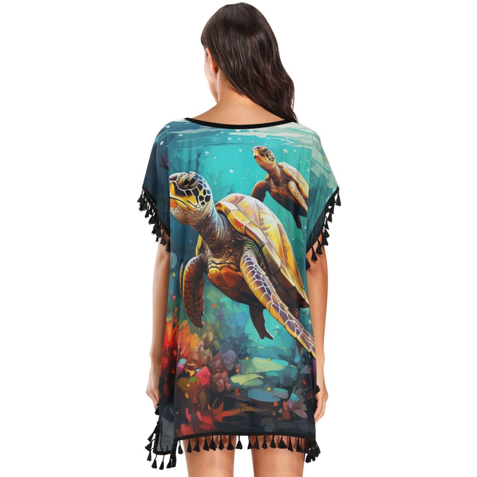 Colorful Sea Turtles Art Women's Beach Cover Up Chiffon Tassel Swimwear Swimsuit Coverups for Girl