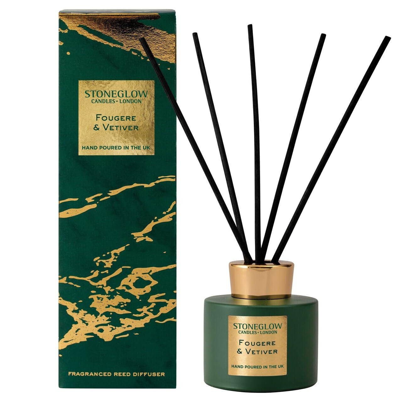 Stoneglow Luna Collection Fougere & Vetiver Scented Reed Diffuser 120ml – Rosemary, Pine, Cinnamon & Vetiver Scents, Lasts 10 Weeks, 10 Rattan Reed Diffuser Sticks, Refillable Home Fragrance