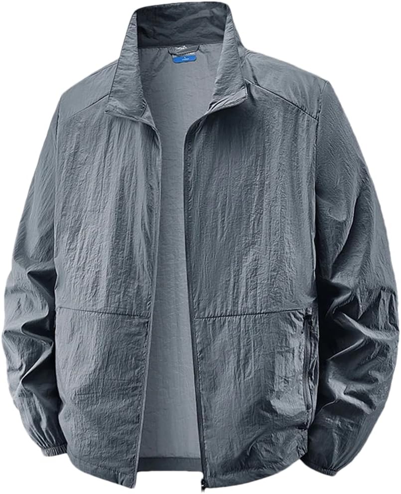 Mens Summer Solid Zipper Jacket Lightweight Breathable Pockets Beach Outerwear Coats