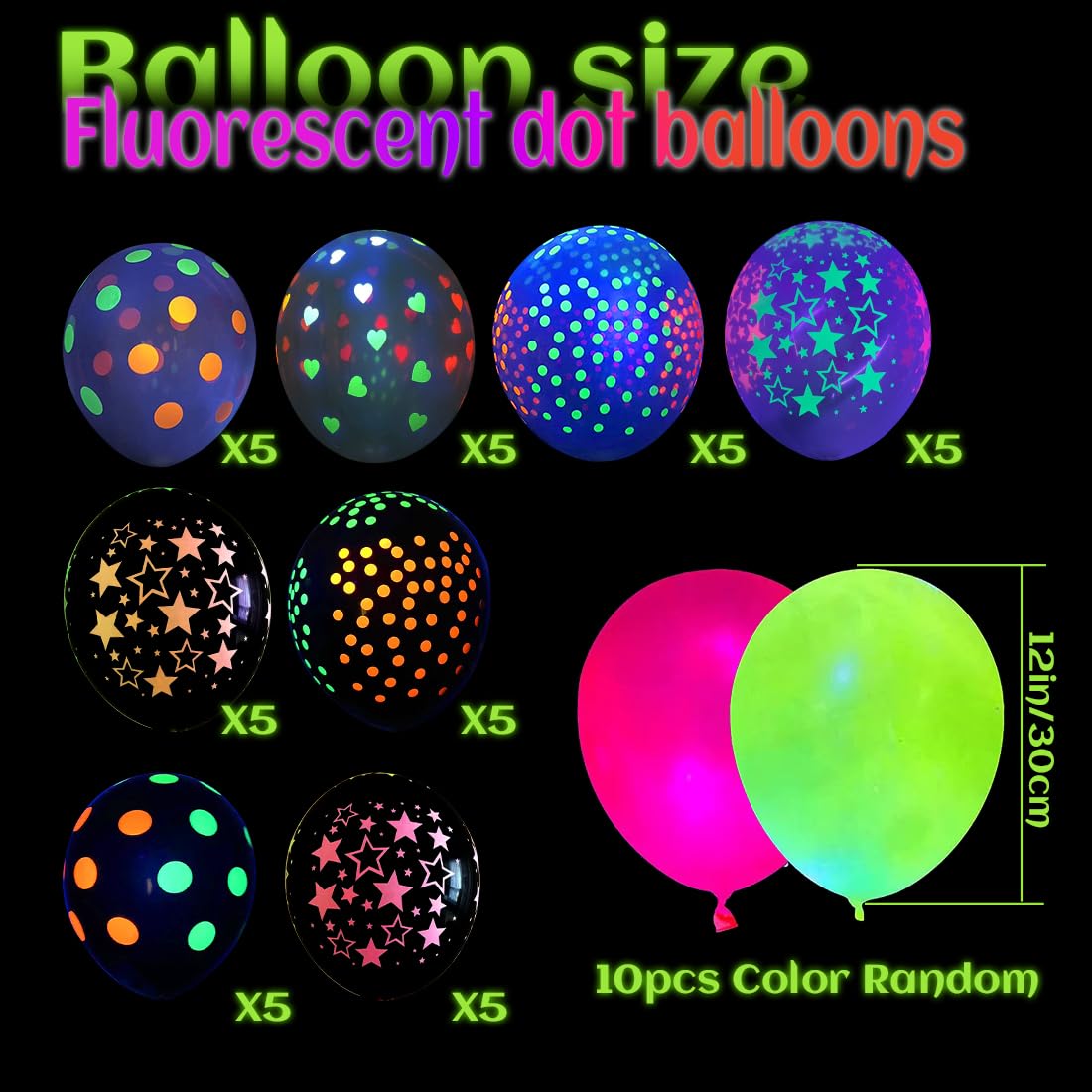 Lot De 60 Ballons UV Néon – Fluorescents – Brillent Dans Le Noir – Couleurs Mixées – Fête Anniversaire/Halloween