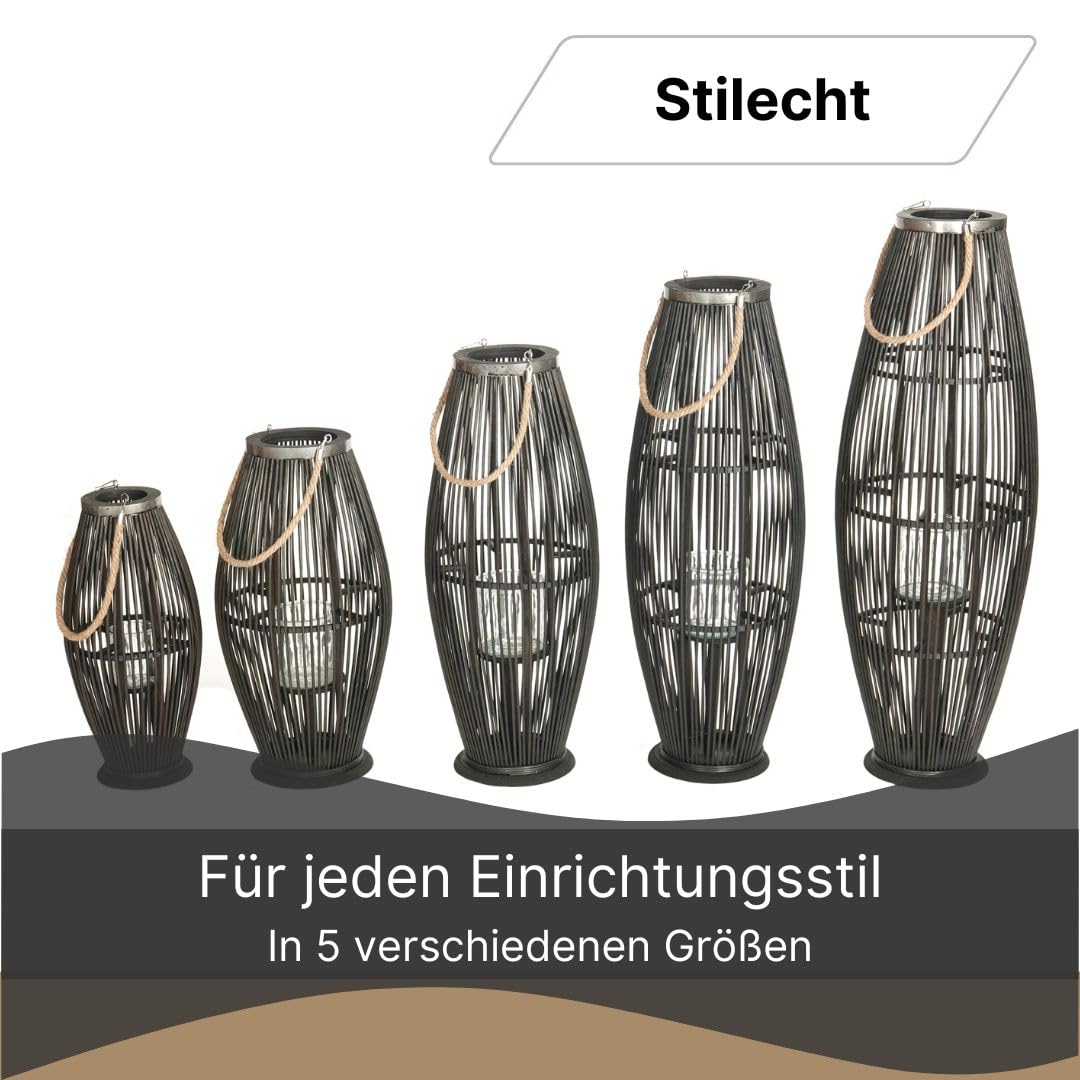 Bambus Laterne Zya | mit Henkel und Glaseinsatz, 80 cm, schwarz | Holz Kerzenhalter, Windlicht, Deko Laterne für Balkon Garten Terrasse Wohnung