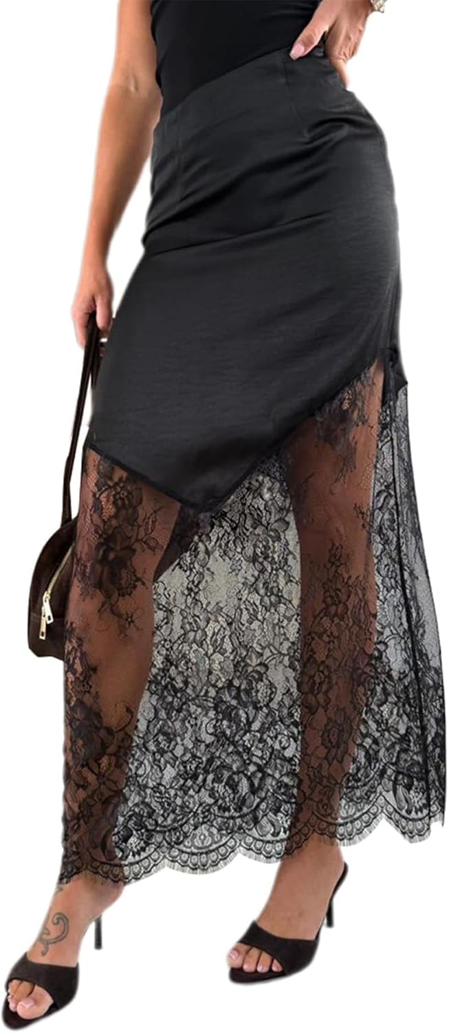 LETSVDO Women's Long Lace Skirts Satin Silky Elastic Waist Sheer Patchwork A Line Boho Maxi Skirt Going Out Party Skirt - Image 2